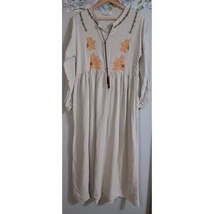 Meri Small Beige Tassel Sunflower Maxi Boho Peasant Western Embroidered Dress
